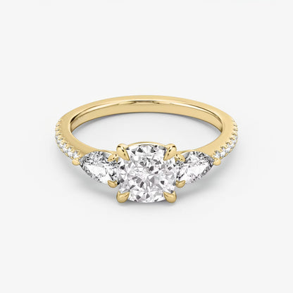 Three Stone Engagement Ring Pave in Cushion