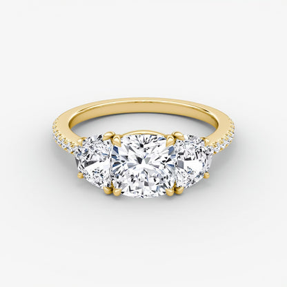 Three Stone Engagement Ring Pave in Cushion