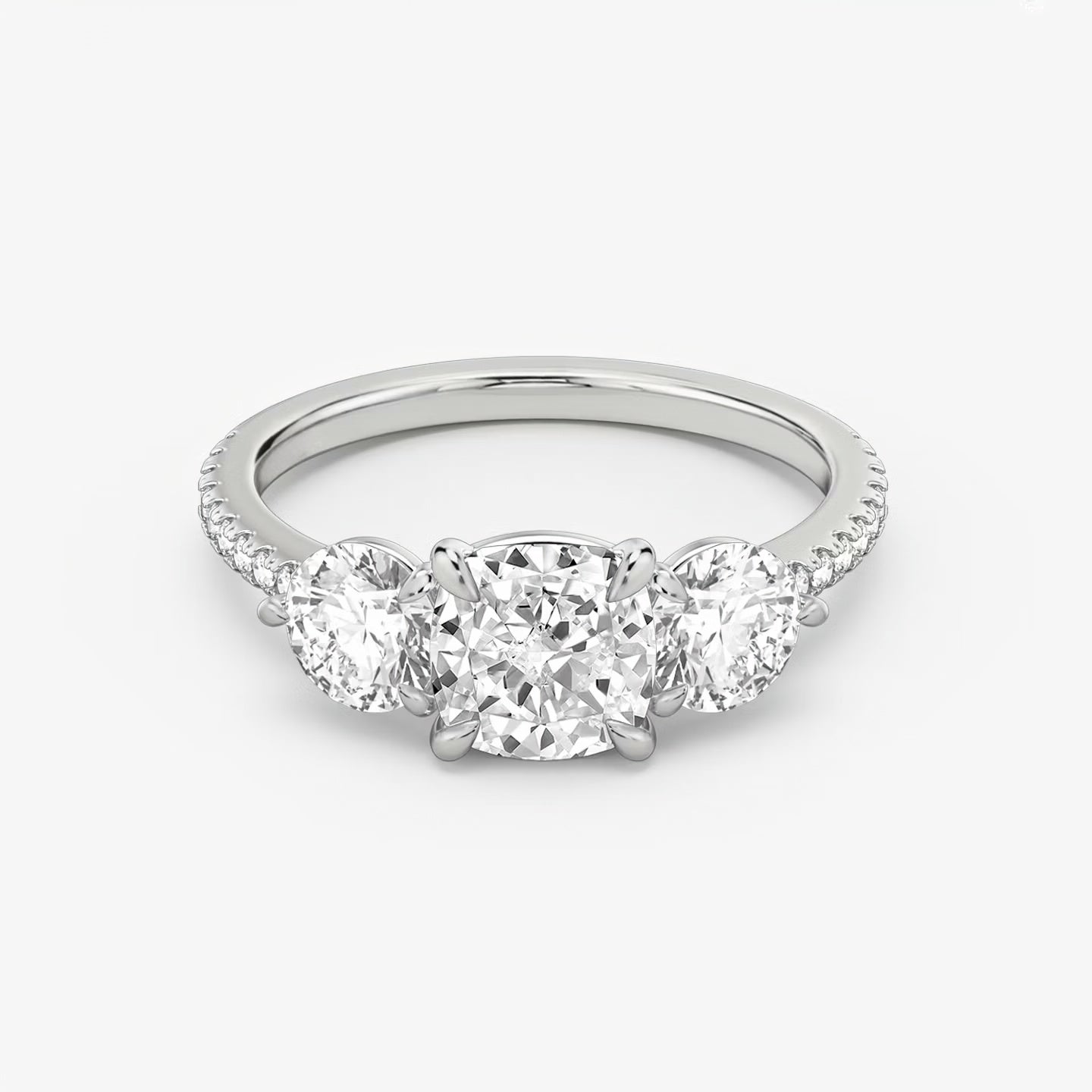 Three Stone Engagement Ring Pave in Cushion