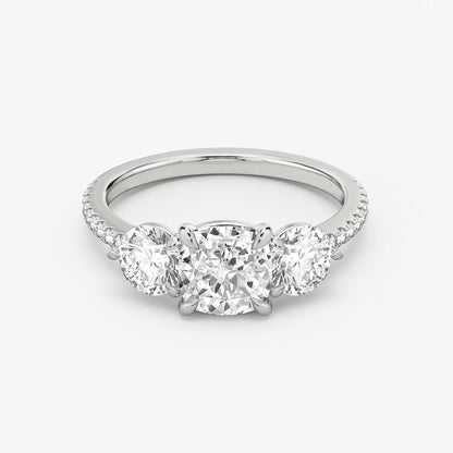 Three Stone Engagement Ring Pave in Cushion