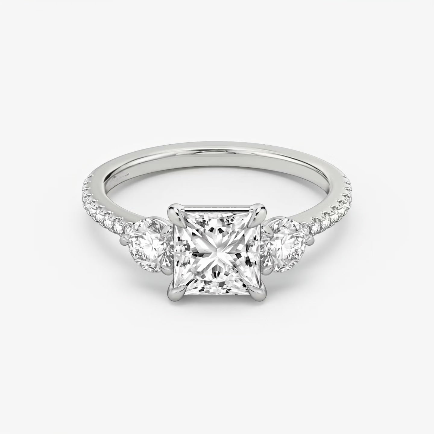 Three Stone Engagement Ring Pave in Princess