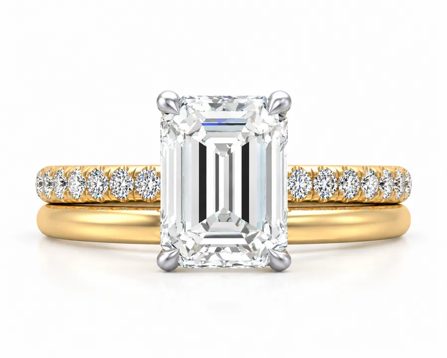 The Duette — Emerald engagement ring in two-tone