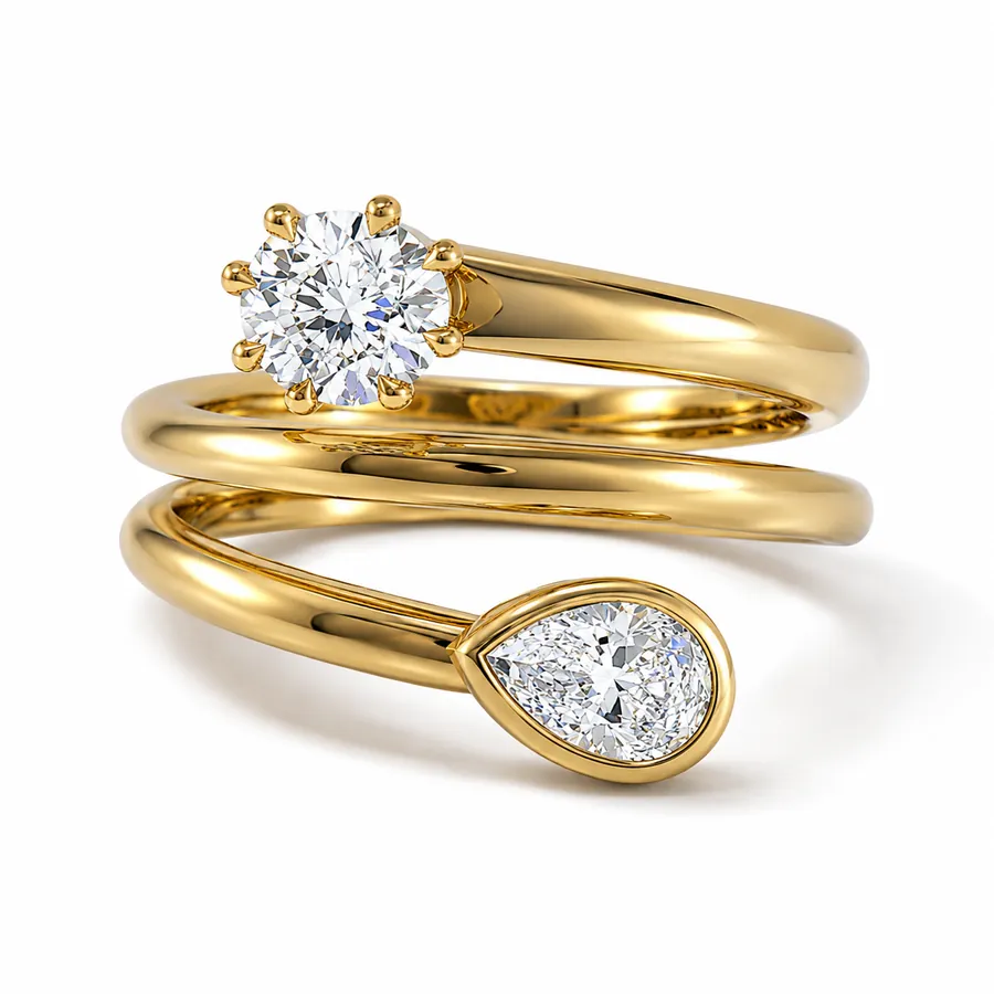 The Helix — Round and pear engagement ring in yellow gold