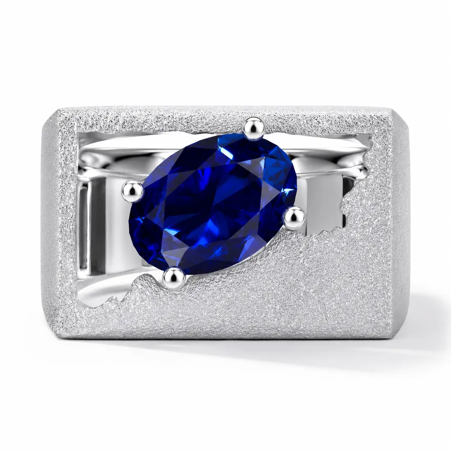 The Monolith — Oval blue sapphire engagement ring in brushed white gold